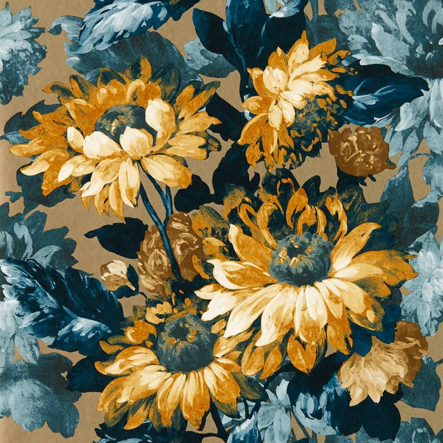 Painterly teal, navy, ochre and cream flowers on a taupe ground