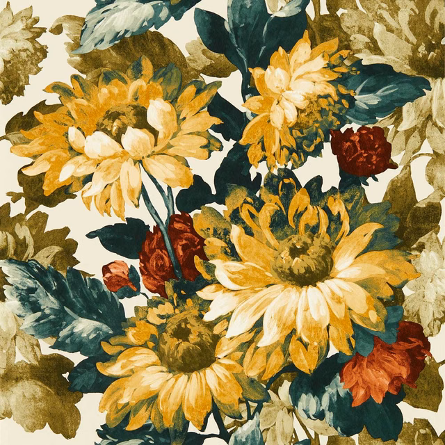 Painterly olive and russet floral wallpaper with ochre daisies, teal leaves and cream ground