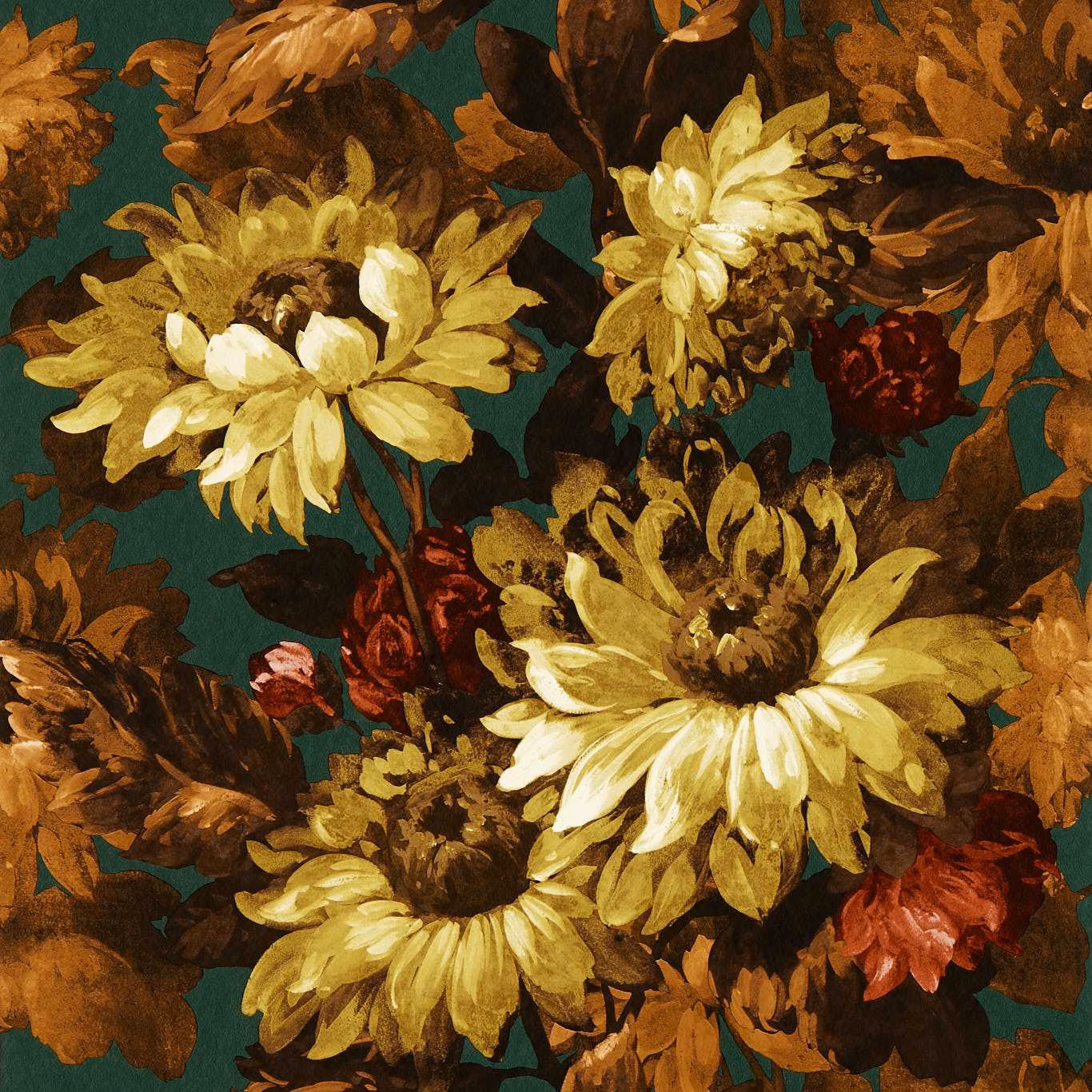 Deep teal wallpaper with sage flowers, russet foliage and burgundy blooms