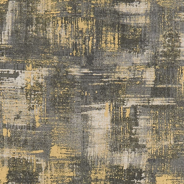 Charcoal and antique-gold abstract blocks with distressed brush textures across the textile surface