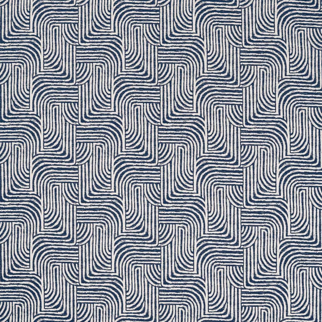 Ink navy and ivory jacquard with interlocking curved stripe blocks and woven texture