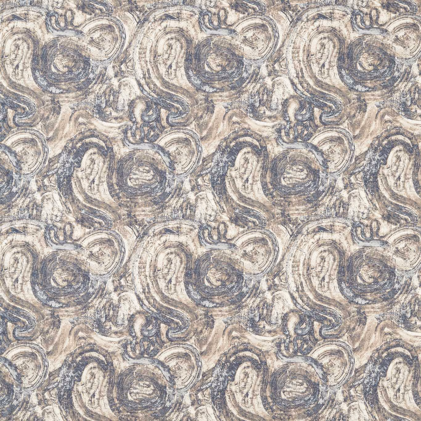 Blue-grey and taupe jacquard with layered paisley scroll motifs and mottled woven texture