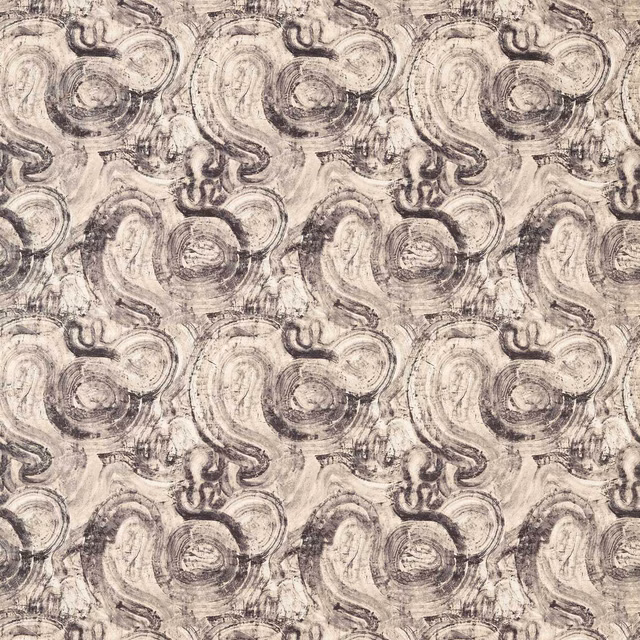 Ivory jacquard with charcoal painterly paisley scrolls in a repeated woven motif