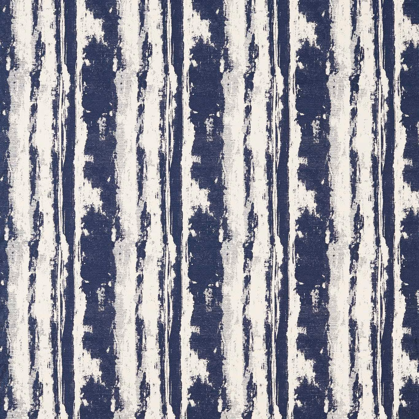 Distressed ink-blue and ivory vertical stripe fabric with rough painterly texture