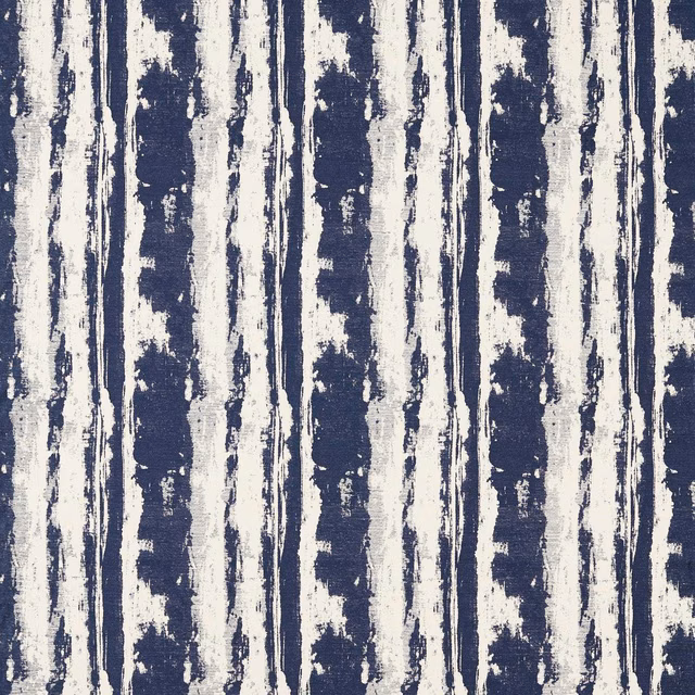 Distressed ink-blue and ivory vertical stripe fabric with rough painterly texture