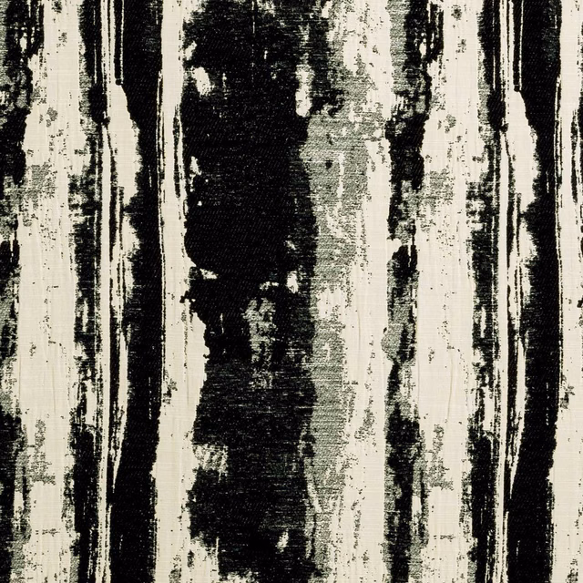 Black and ivory distressed vertical stripe fabric with a rough woven surface