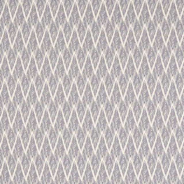 Muted ink-blue and ivory woven fabric with tightly repeated zigzag diamond motifs