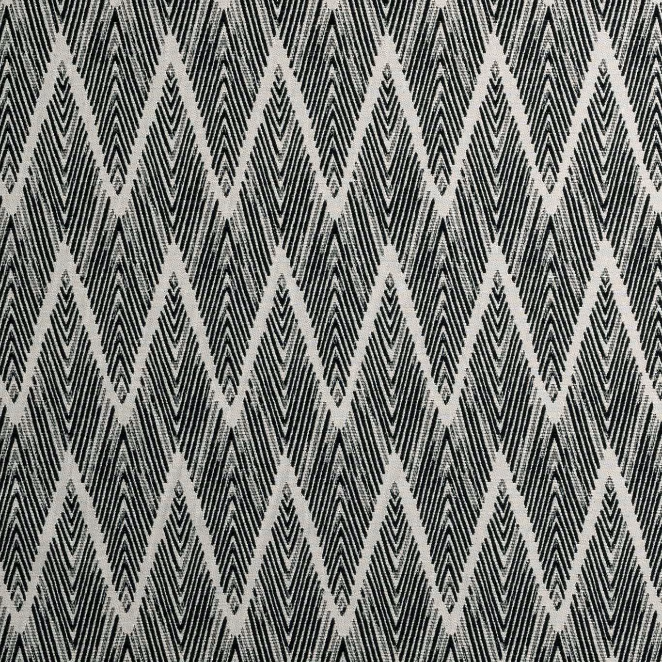 Charcoal and ivory woven fabric with repeating geometric chevrons and fine linear texture