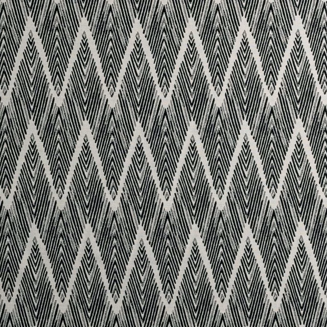 Charcoal and ivory woven fabric with repeating geometric chevrons and fine linear texture