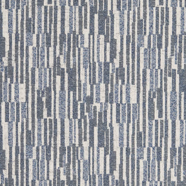 Ink-blue and ivory jacquard with broken vertical geometric stripes and dense woven texture