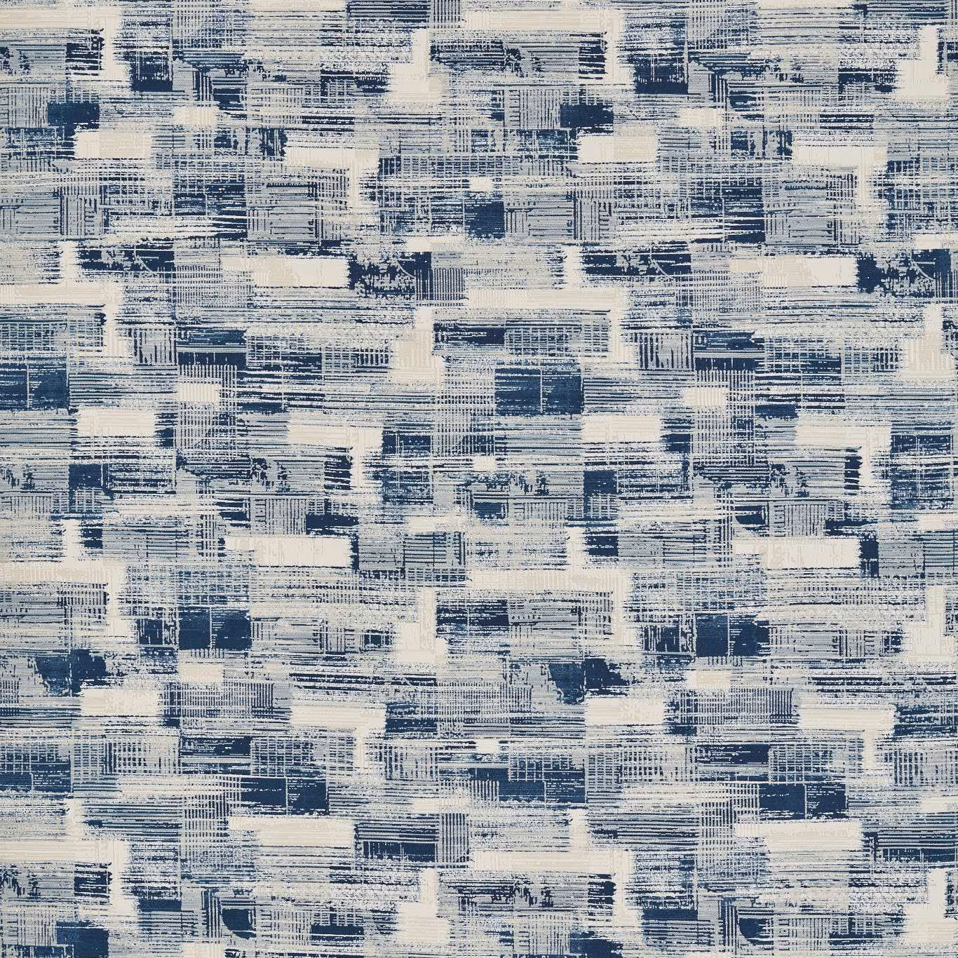 Ink-blue and cream jacquard with layered crosshatched rectangular brush marks