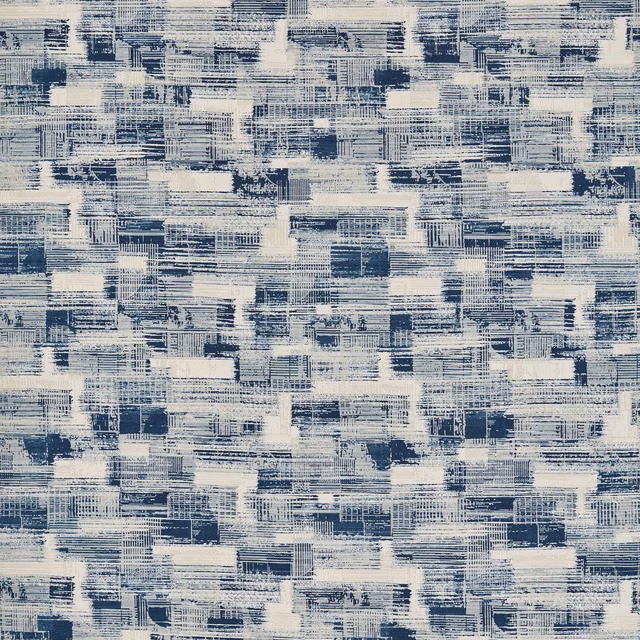 Ink-blue and cream jacquard with layered crosshatched rectangular brush marks