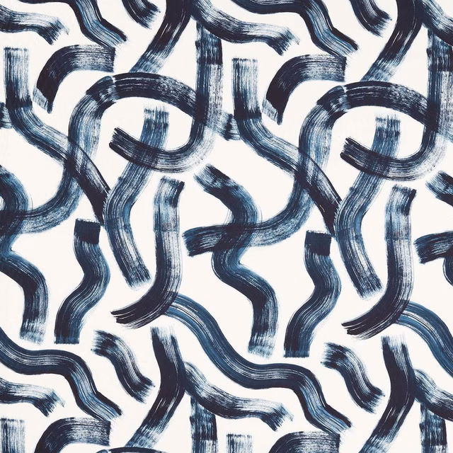 Navy and blue-grey brushstrokes loop across an ivory ground in Malevich Ink