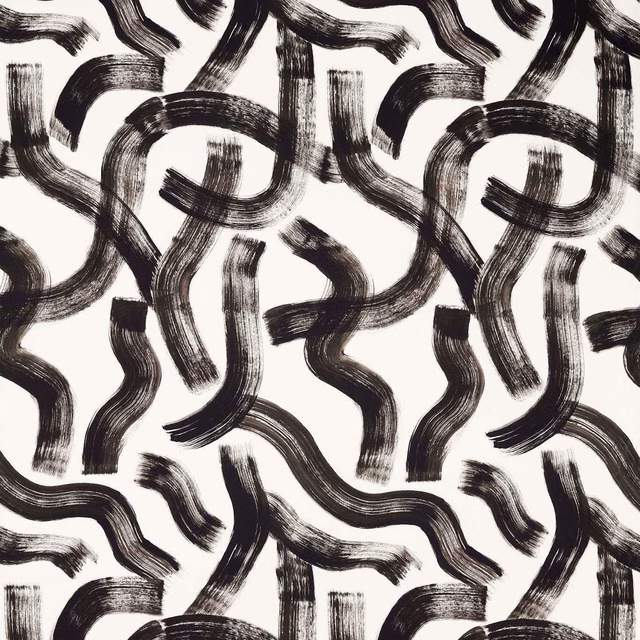 Ink-black looping brushstrokes across an ivory ground with visible tonal streaks