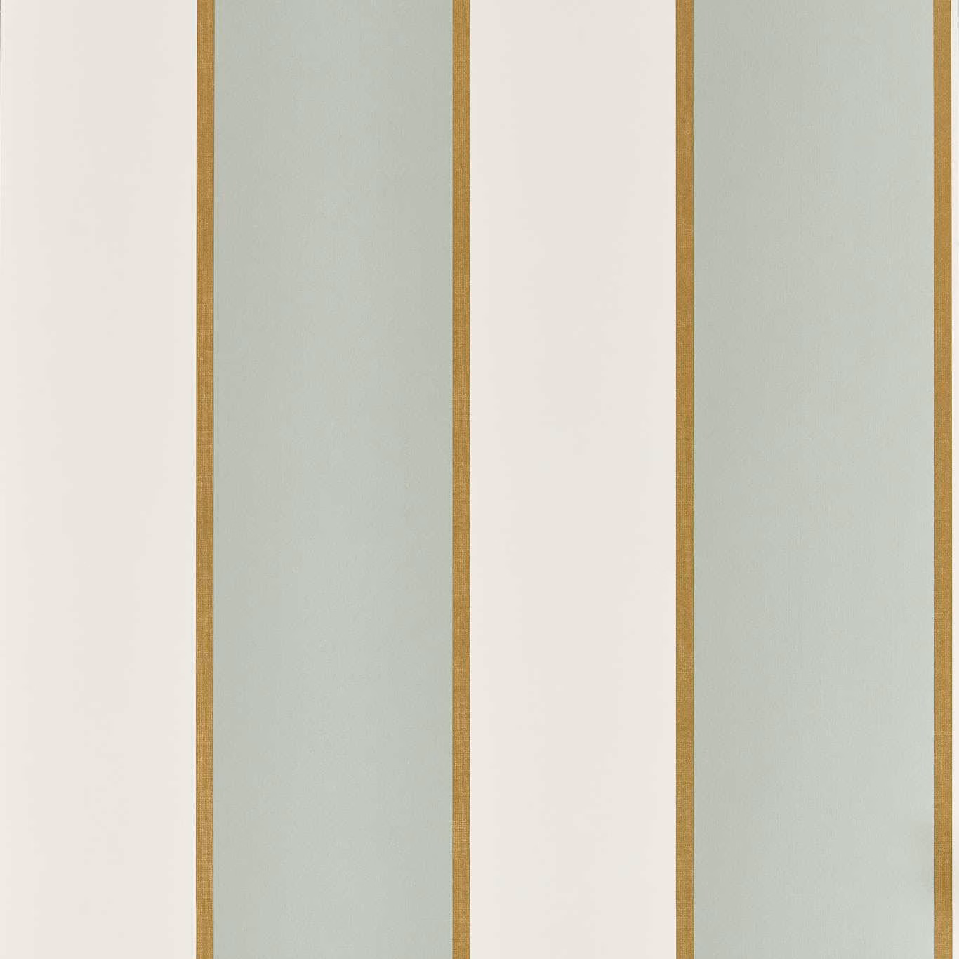 Pale mineral-green and ivory vertical wallpaper stripes edged with narrow ochre lines