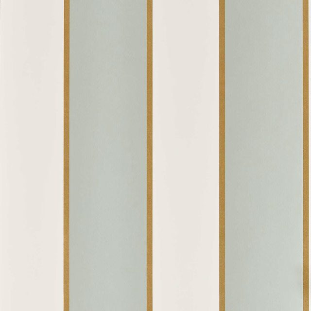 Pale mineral-green and ivory vertical wallpaper stripes edged with narrow ochre lines
