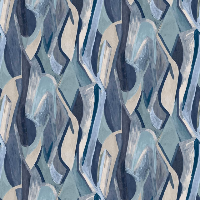Abstract ink-blue, slate and cream painterly shards on a pale blue ground
