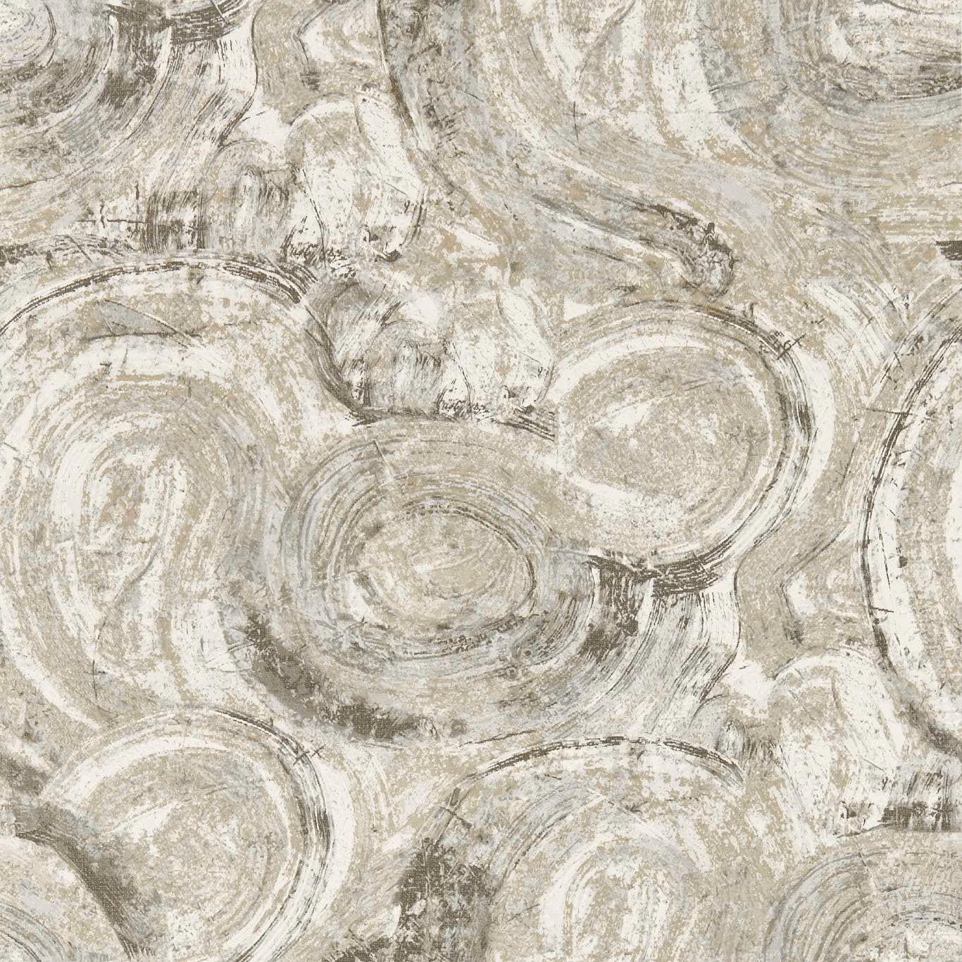 Pale slate-grey wallpaper with overlapping charcoal circular brush marks and distressed painterly texture