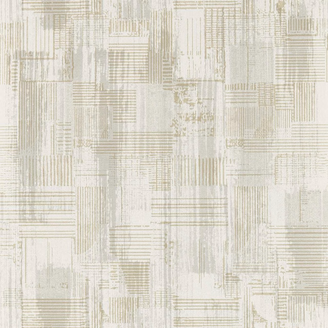Soft dove-grey and ivory wallpaper with distressed architectural grids and fine linear blocks