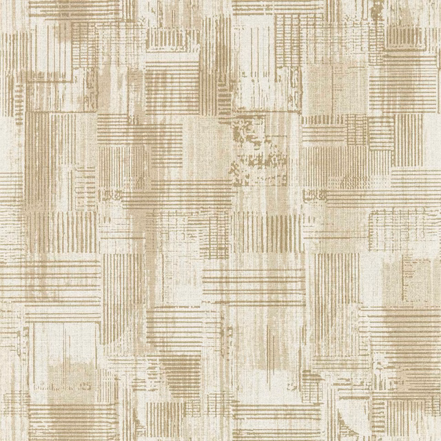 Warm ivory wallpaper with muted taupe linear blocks and distressed striations