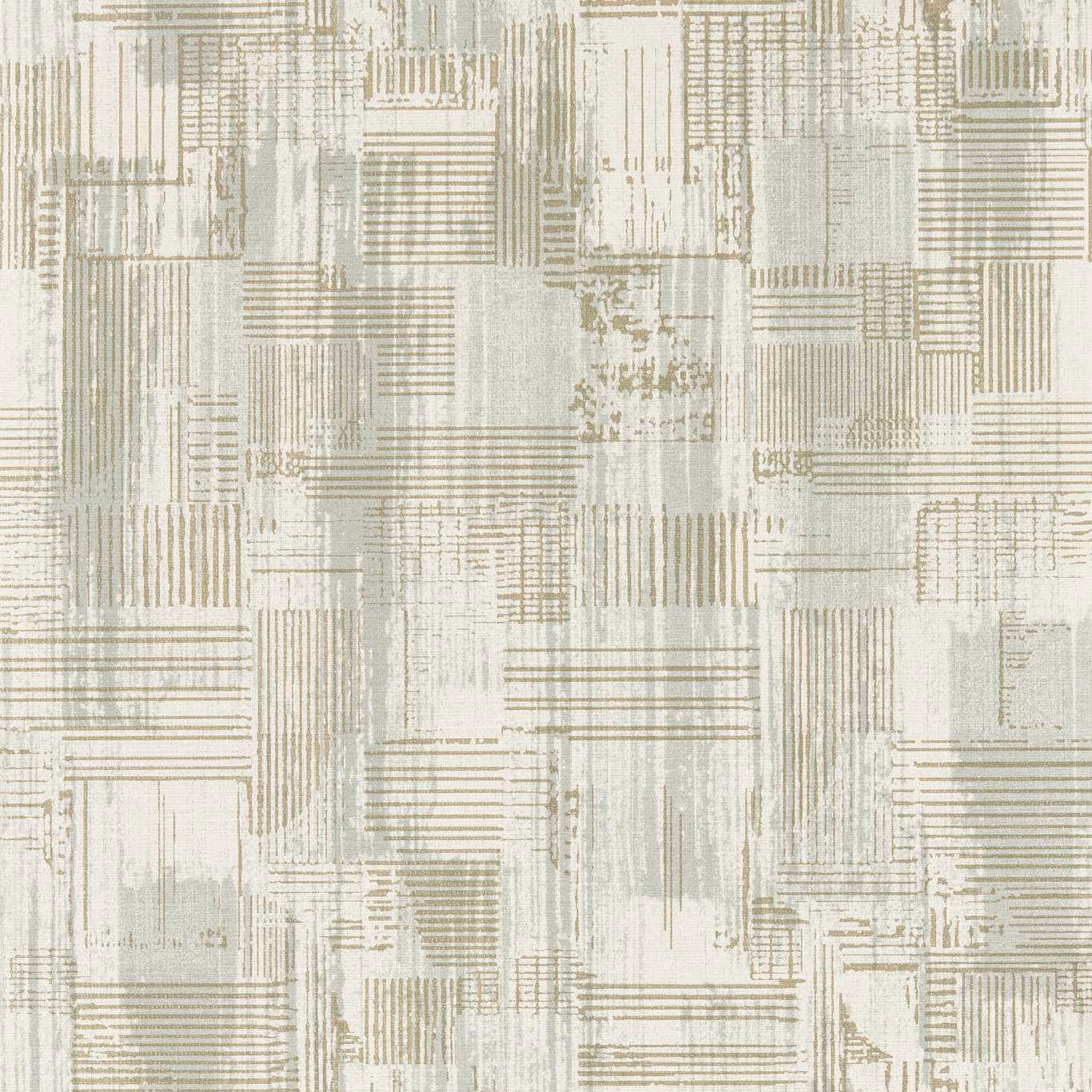 Pale mineral-grey wallpaper with layered linear blocks and softly distressed architectural marks