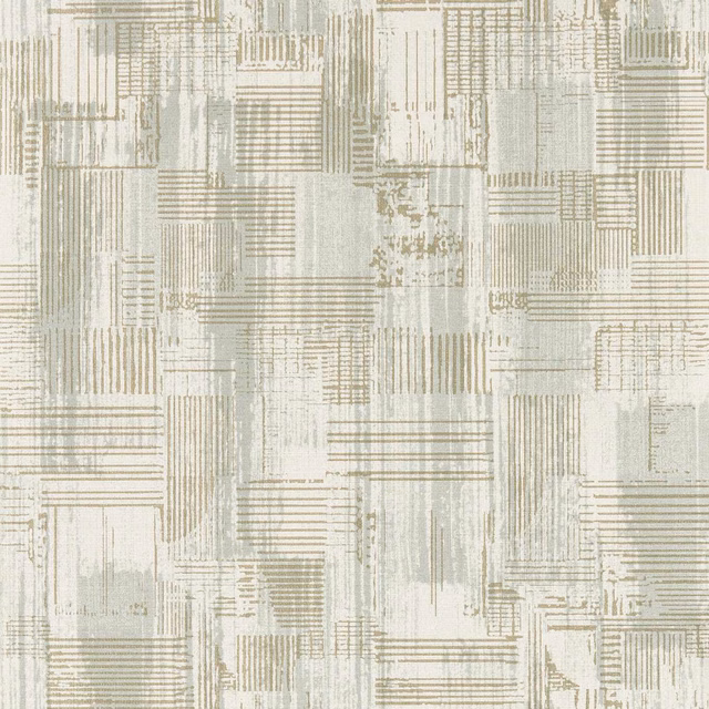 Pale mineral-grey wallpaper with layered linear blocks and softly distressed architectural marks