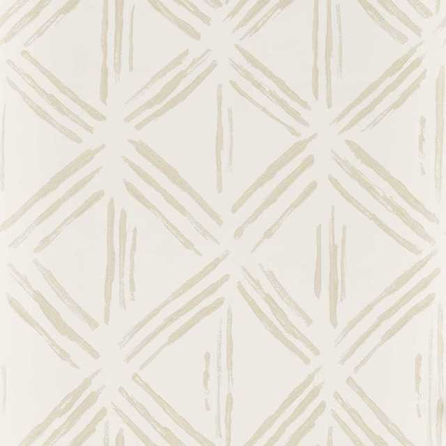 Ivory wallpaper with pale greige brush-stroke diamonds and slender vertical marks