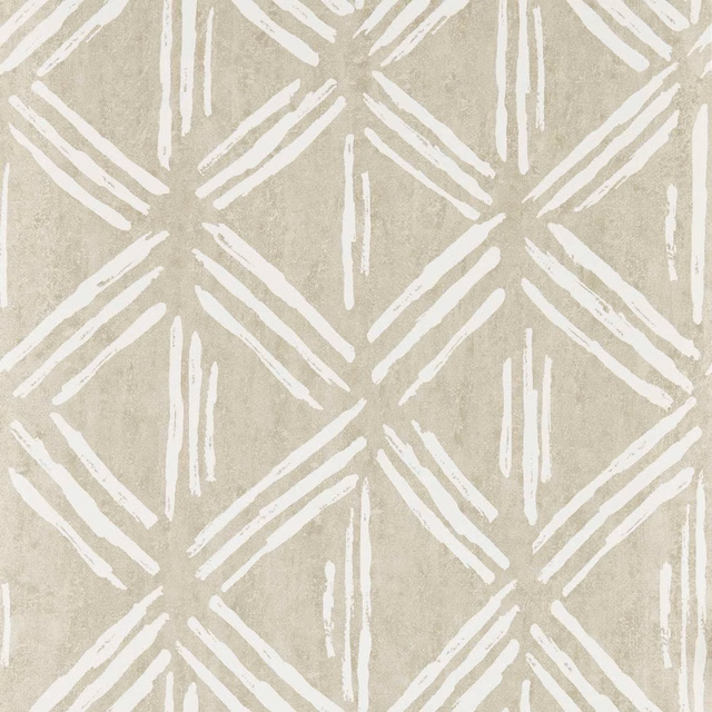 Mottled warm greige wallpaper with chalk-white angular brushstroke diamonds
