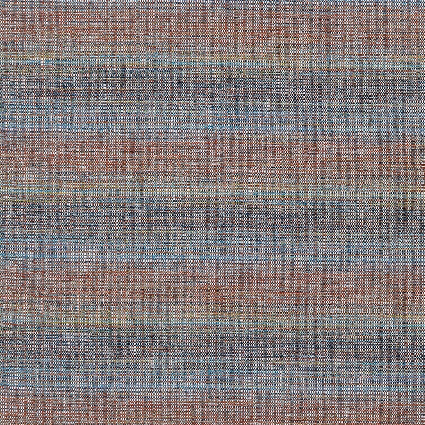 Close-up of muted kingfisher blue woven fabric with rust and taupe horizontal bands