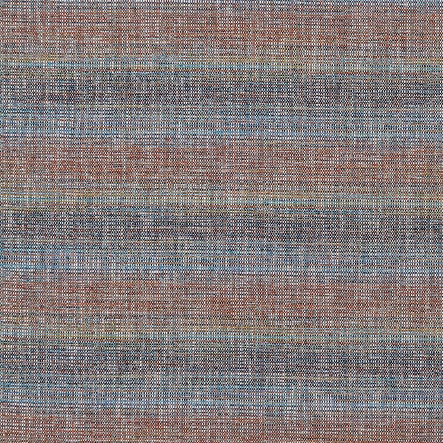 Close-up of muted kingfisher blue woven fabric with rust and taupe horizontal bands