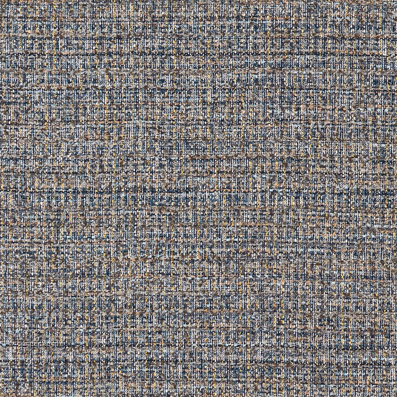 Close-up of blue-grey woven fabric with chartreuse, cream and tan flecks