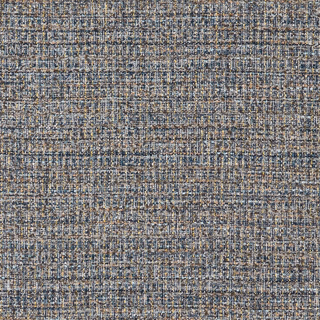 Close-up of blue-grey woven fabric with chartreuse, cream and tan flecks