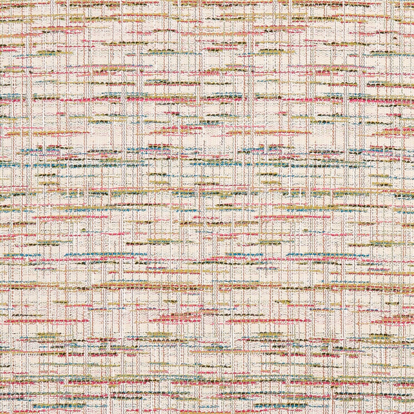 Cream woven ground with muted pink, teal, green and ochre horizontal flecks