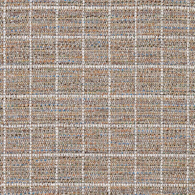 Warm taupe checked weave with cream lines and muted blue-brown flecks