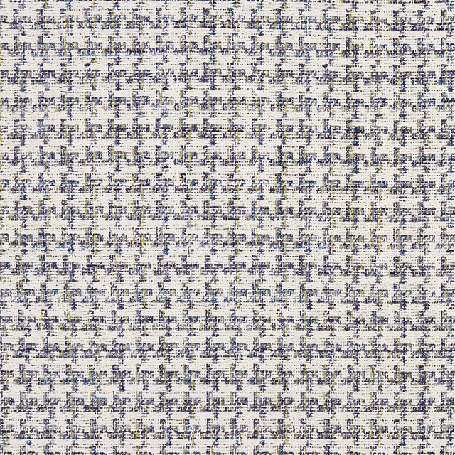 Ivory woven textile with peacock-blue and chartreuse flecks in a tight broken grid