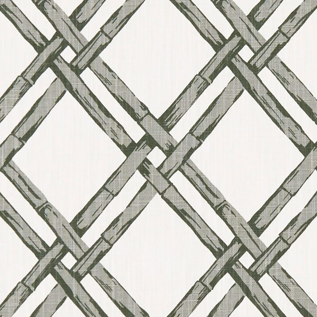 Cool grey-green interlaced lattice with brush-marked bands on a soft white ground