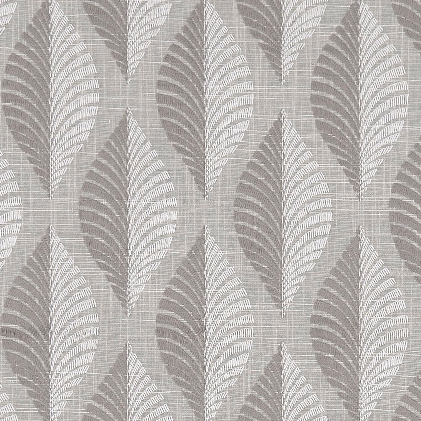 Cool charcoal-grey woven fabric with repeating pale feather leaves and fine crosshatch texture