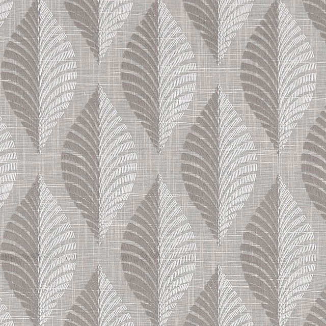 Cool charcoal-grey woven fabric with repeating pale feather leaves and fine crosshatch texture