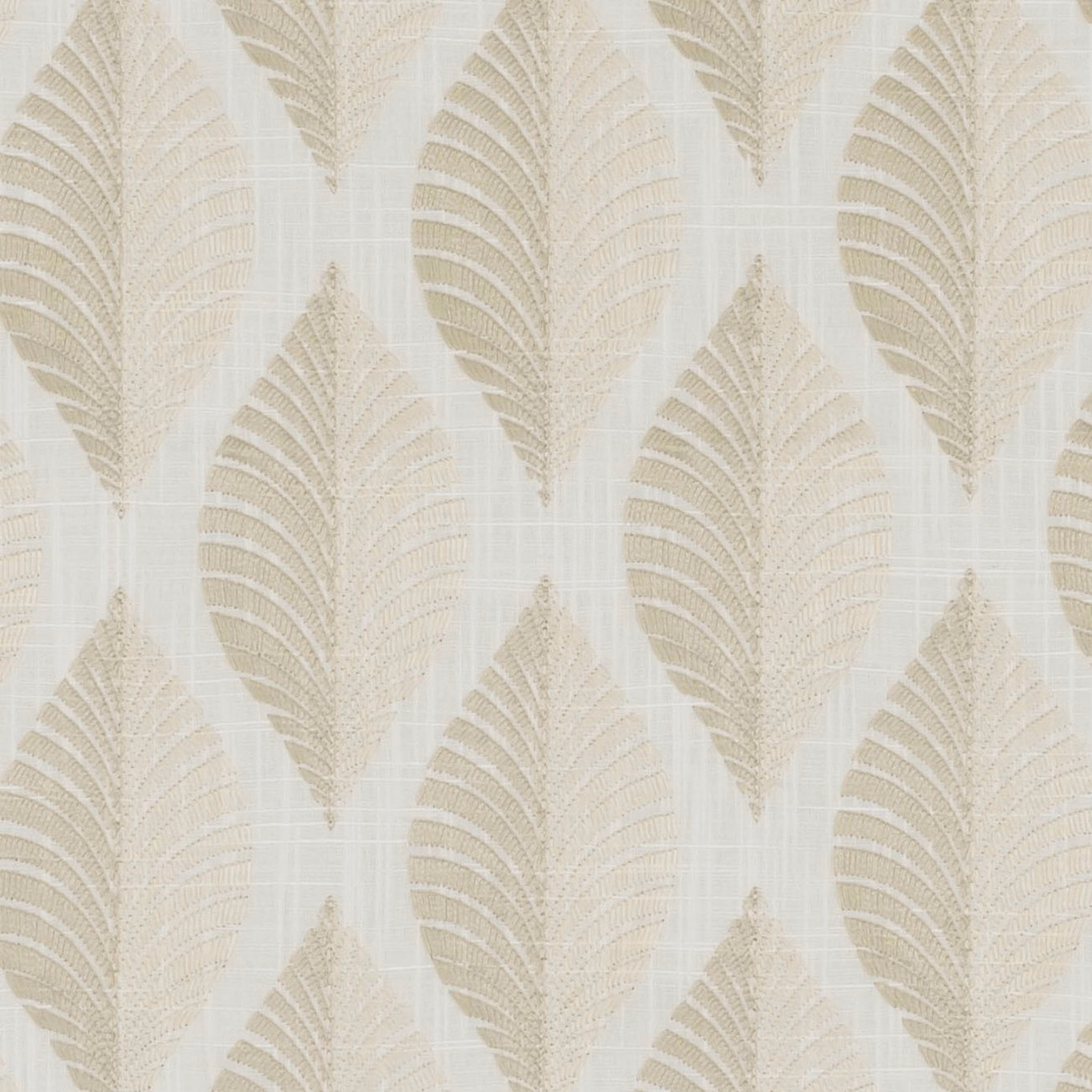 Pale ivory woven fabric with tonal linen leaf motifs and fine ribbed detail