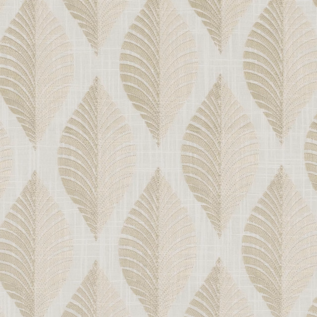 Pale ivory woven fabric with tonal linen leaf motifs and fine ribbed detail