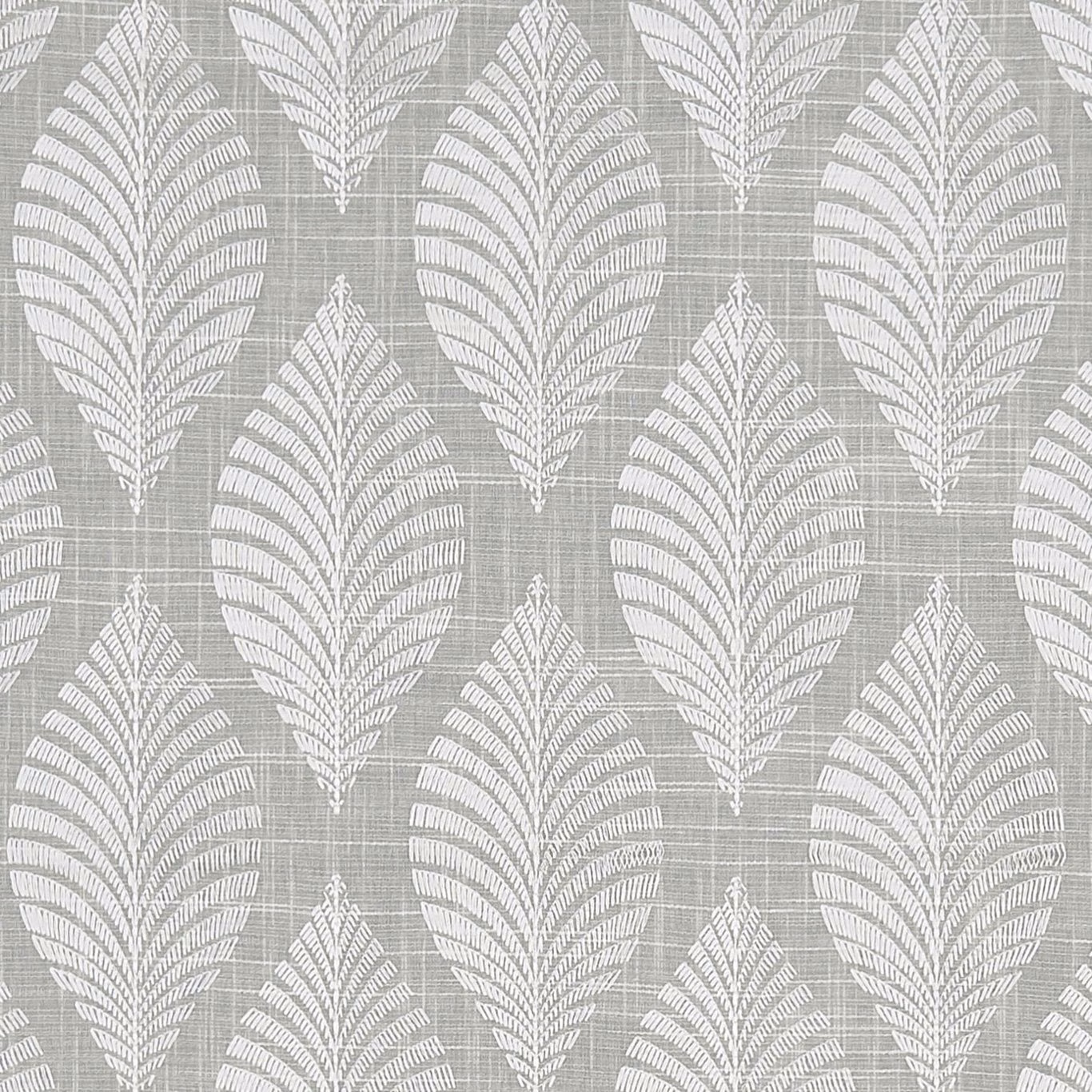 Silver-grey woven fabric with white feather leaves and a fine crosshatch texture