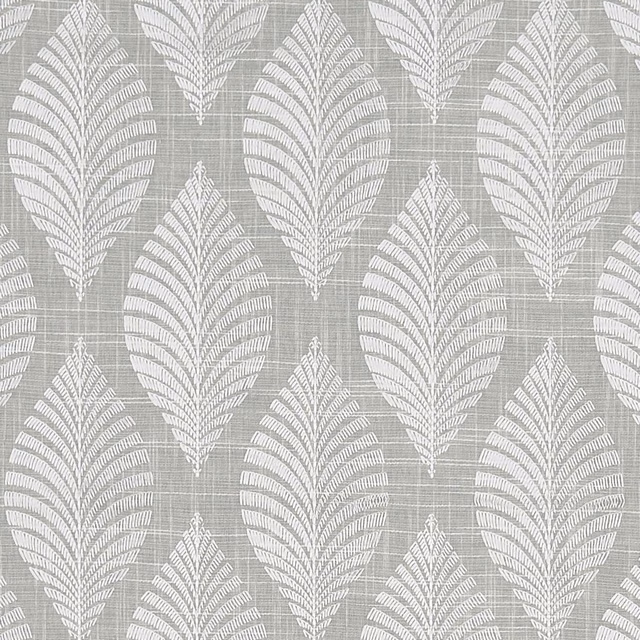 Silver-grey woven fabric with white feather leaves and a fine crosshatch texture