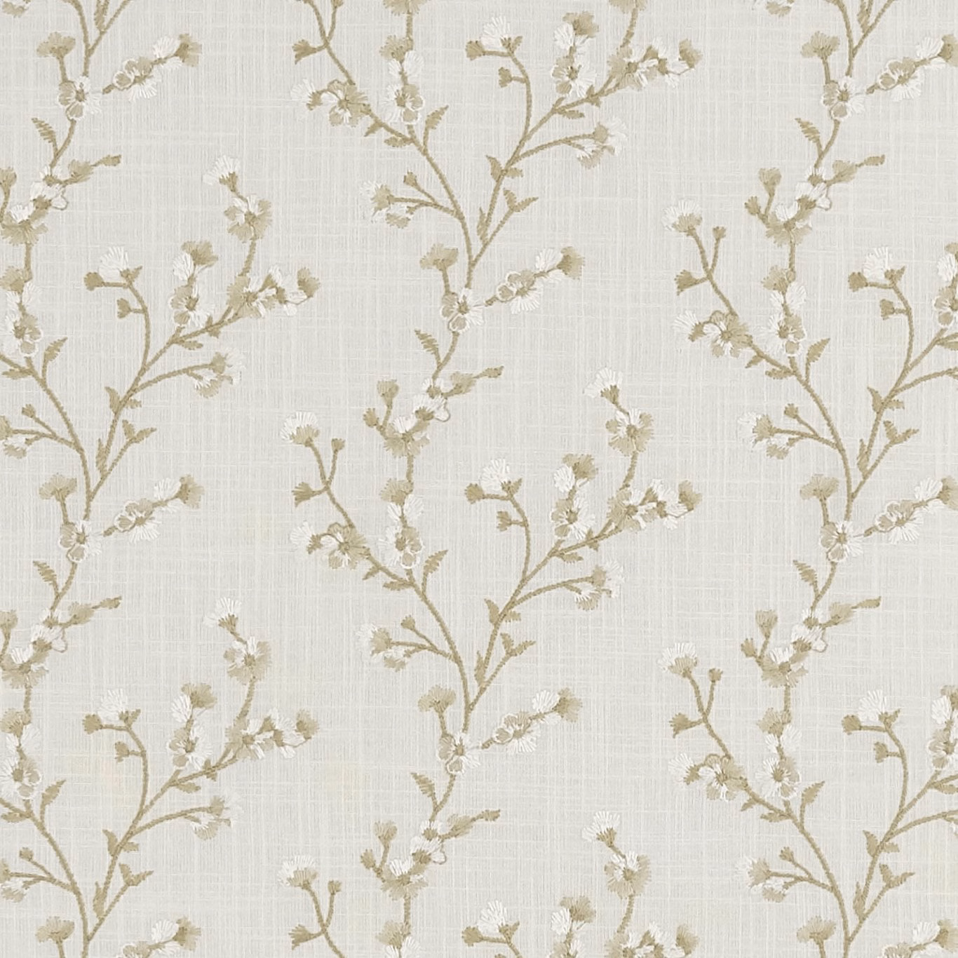 Ivory woven fabric with taupe branching stems and pale blossom sprigs