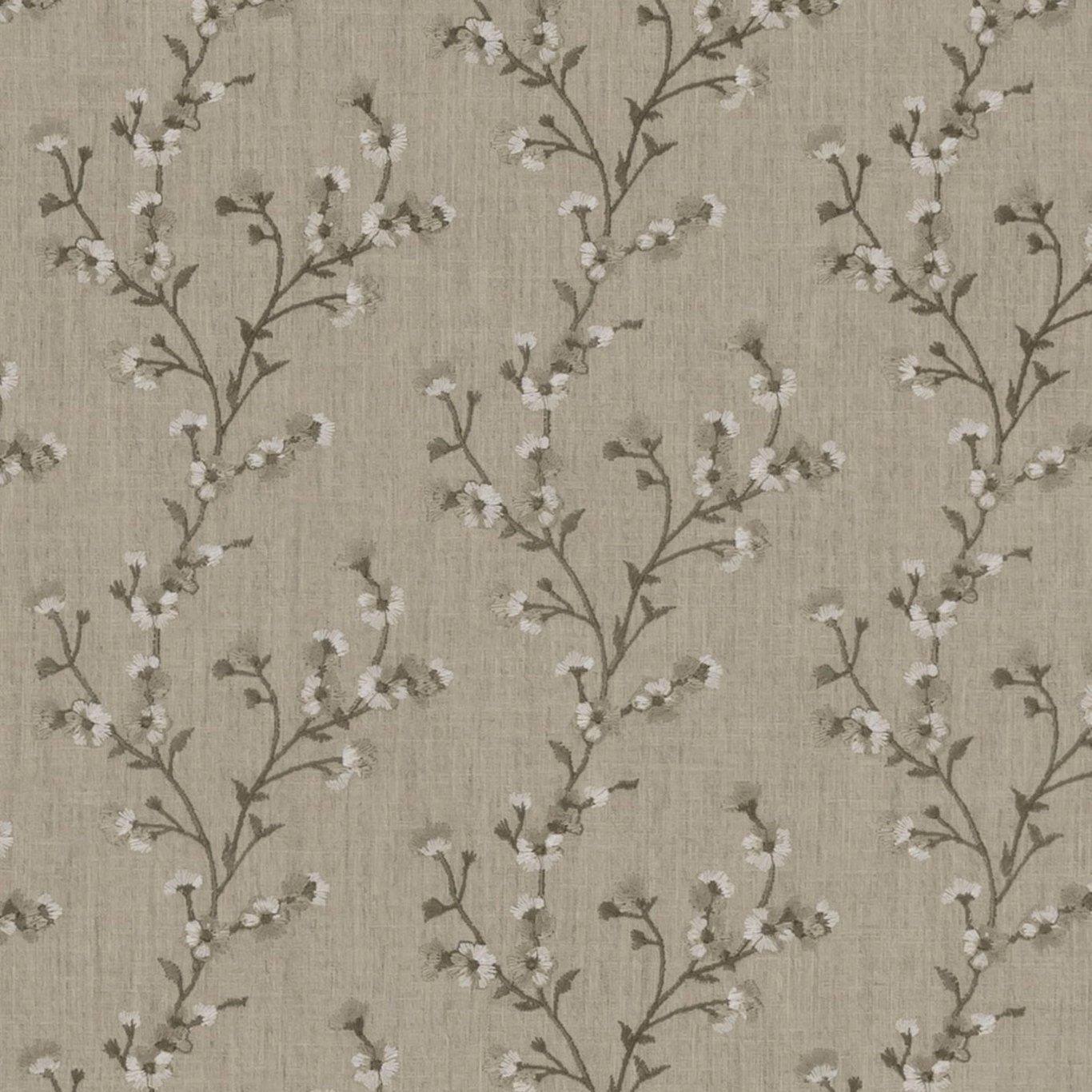 Taupe-grey woven ground with branching stems and small ivory blossom clusters