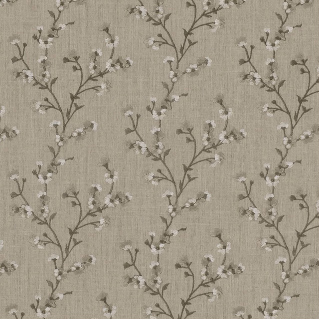 Taupe-grey woven ground with branching stems and small ivory blossom clusters