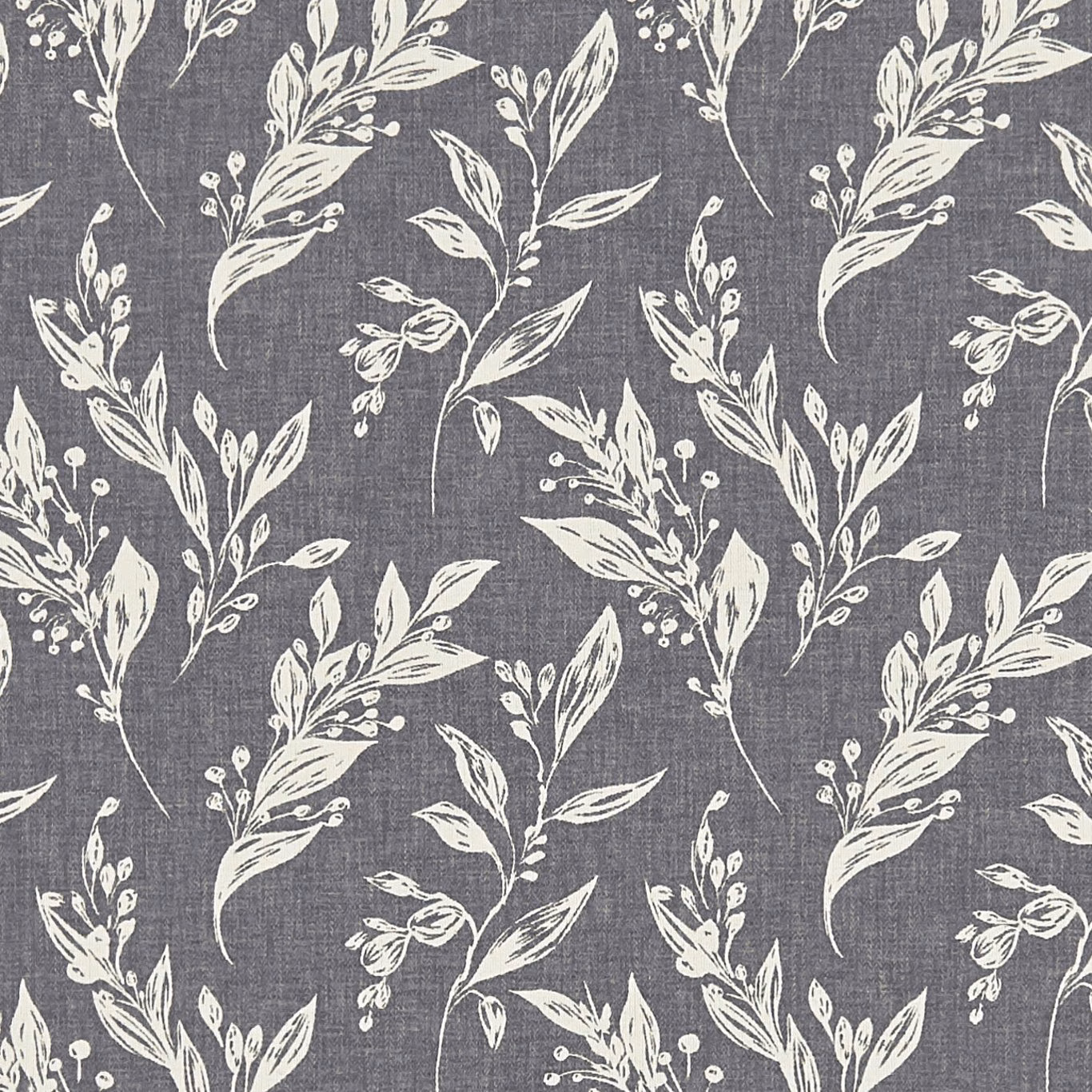 Charcoal woven fabric with ivory botanical sprigs and fine crosshatch texture
