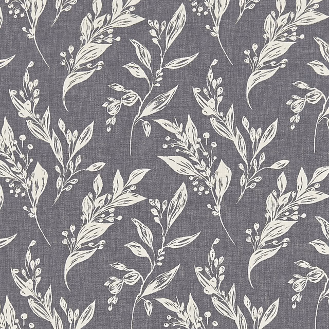 Charcoal woven fabric with ivory botanical sprigs and fine crosshatch texture