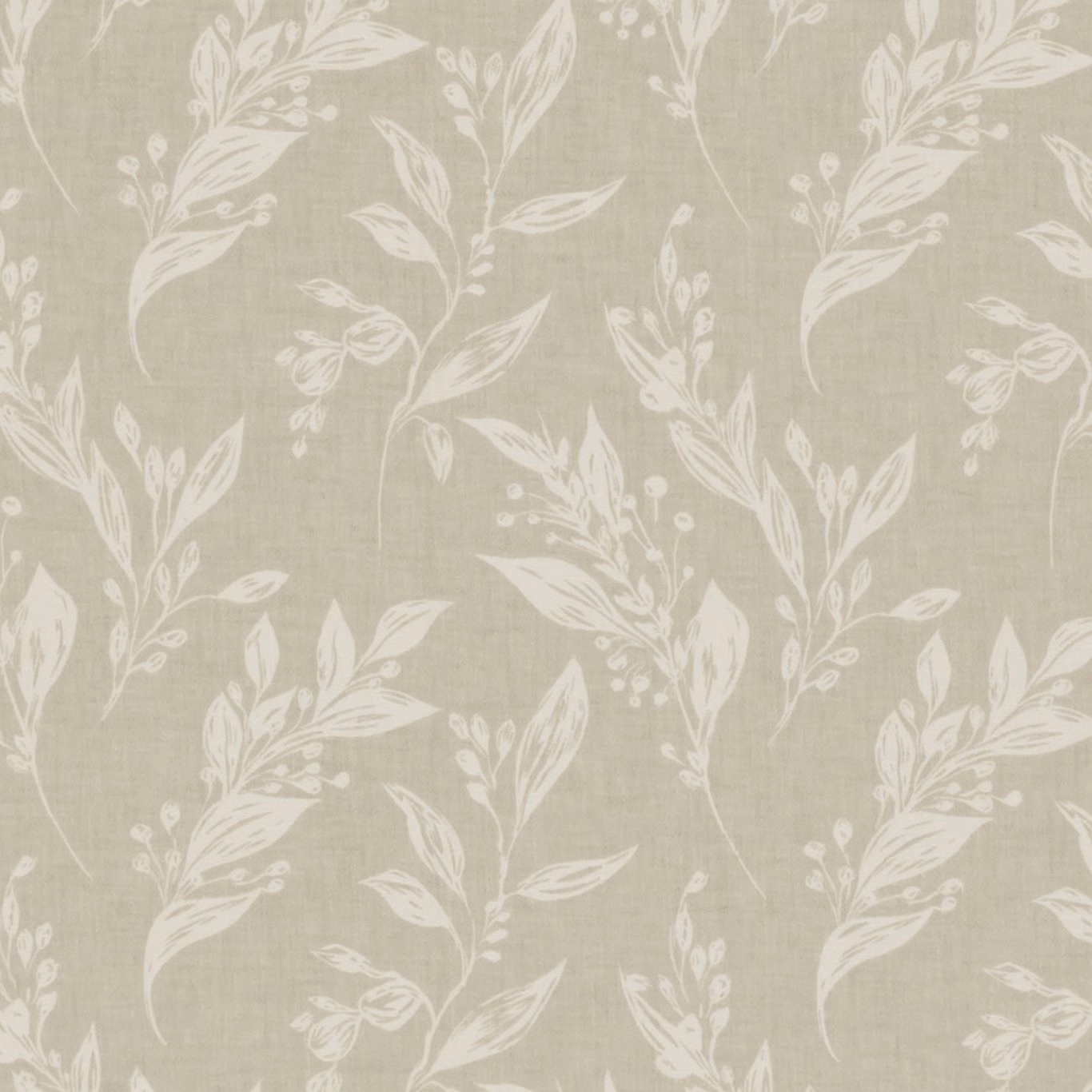 Warm ivory botanical sprigs over a textured greige fabric ground