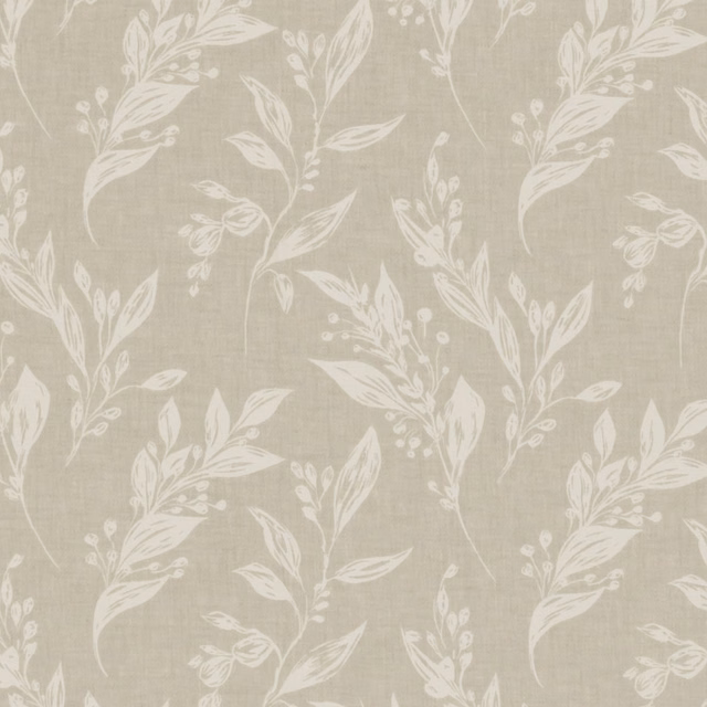Warm ivory botanical sprigs over a textured greige fabric ground