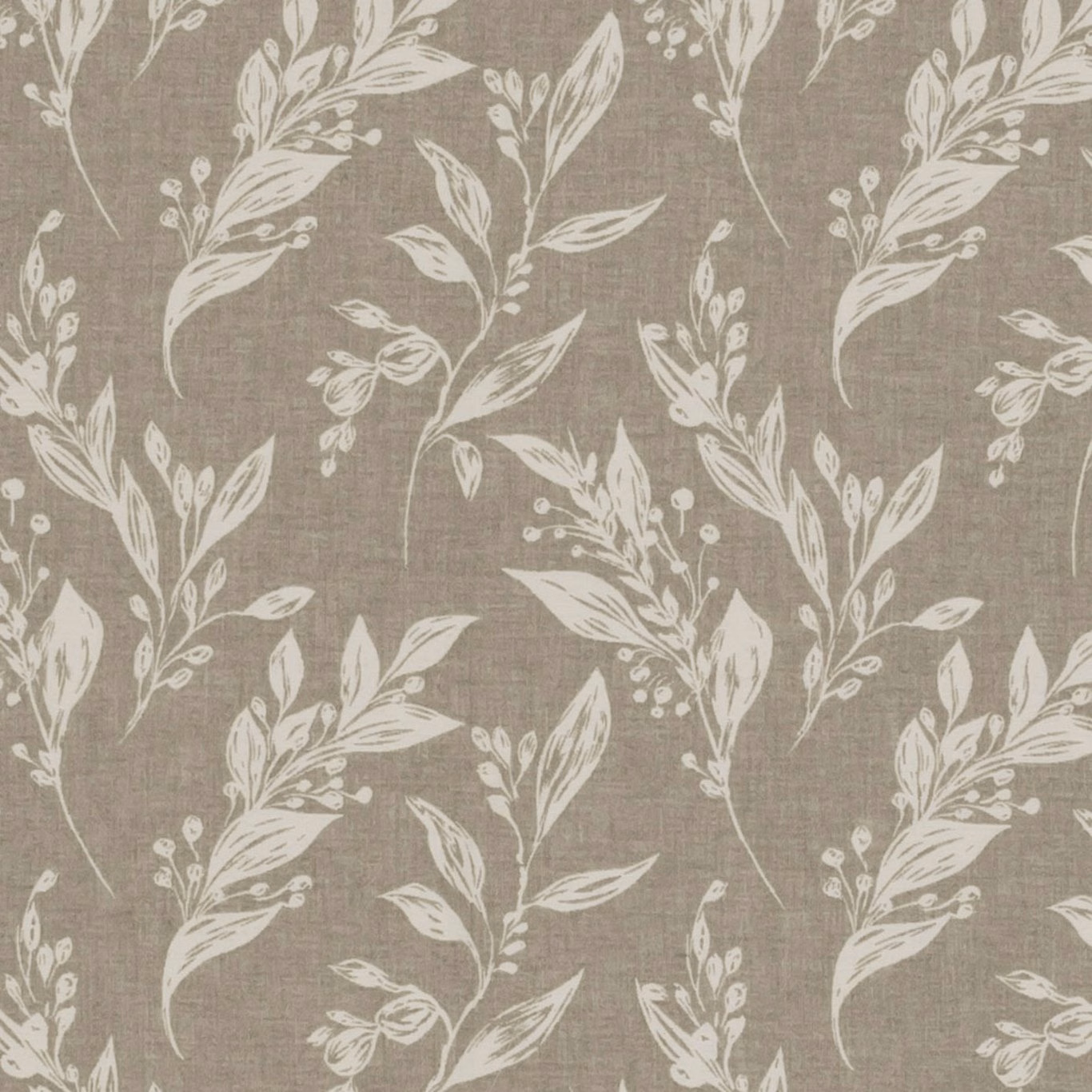 Warm taupe woven ground with ivory branching leaves and fine botanical stems